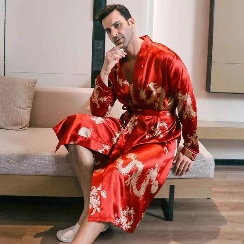 Men's Spring Autumn Silk Thin Style Oversized Long Sleeved Bathrobes