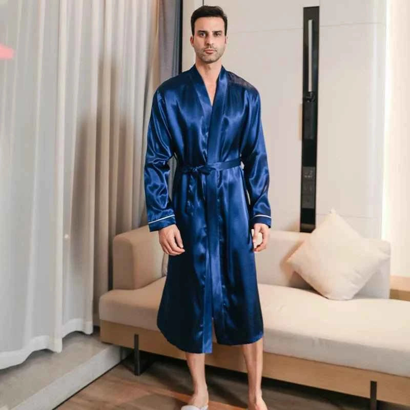 Men's spring and autumn silk thin style long sleeved bathrobes