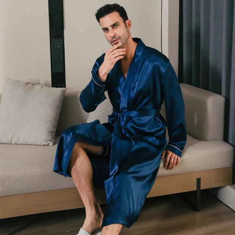 Men's spring and autumn silk thin style long sleeved bathrobes