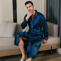 Men's spring and autumn silk thin style long sleeved bathrobes
