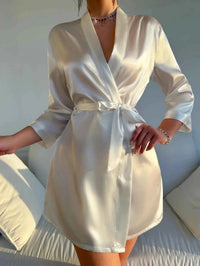 Solid Satin Night Robe Long Sleeve V Neck Robe With Belt Women's Sleepwear