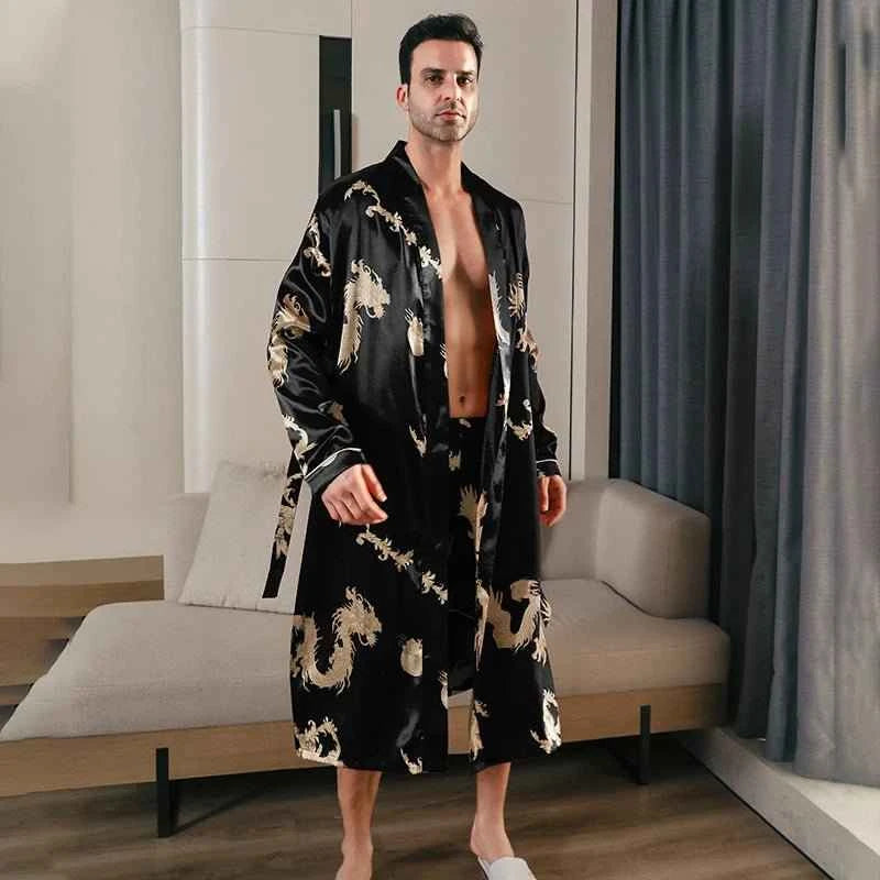 Men's Spring Autumn Silk Thin Style Oversized Long Sleeved Bathrobes