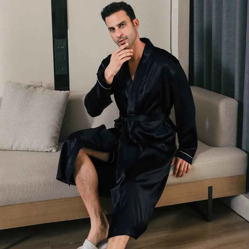 Men's spring and autumn silk thin style long sleeved bathrobes