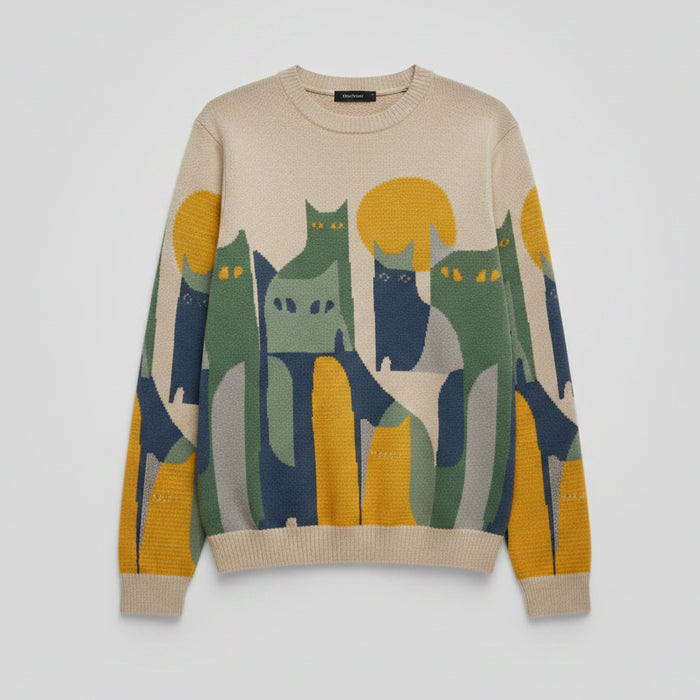 Knitted Sweater Men Women Winter Harajuku Cartoon Full Cat Print Pullover Vintage Causal Loose Sweaters