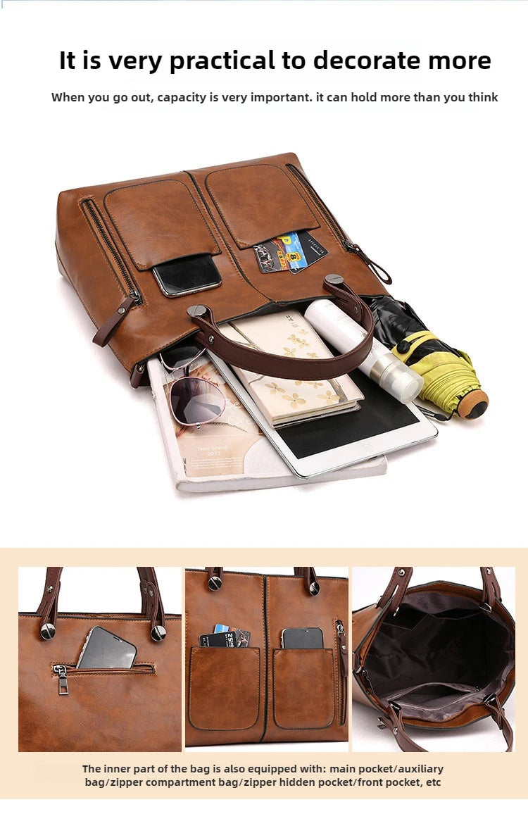 Women's Retro PU Leather Handbag Large Capacity Crossbody Tote Fashionable Shoulder Purse