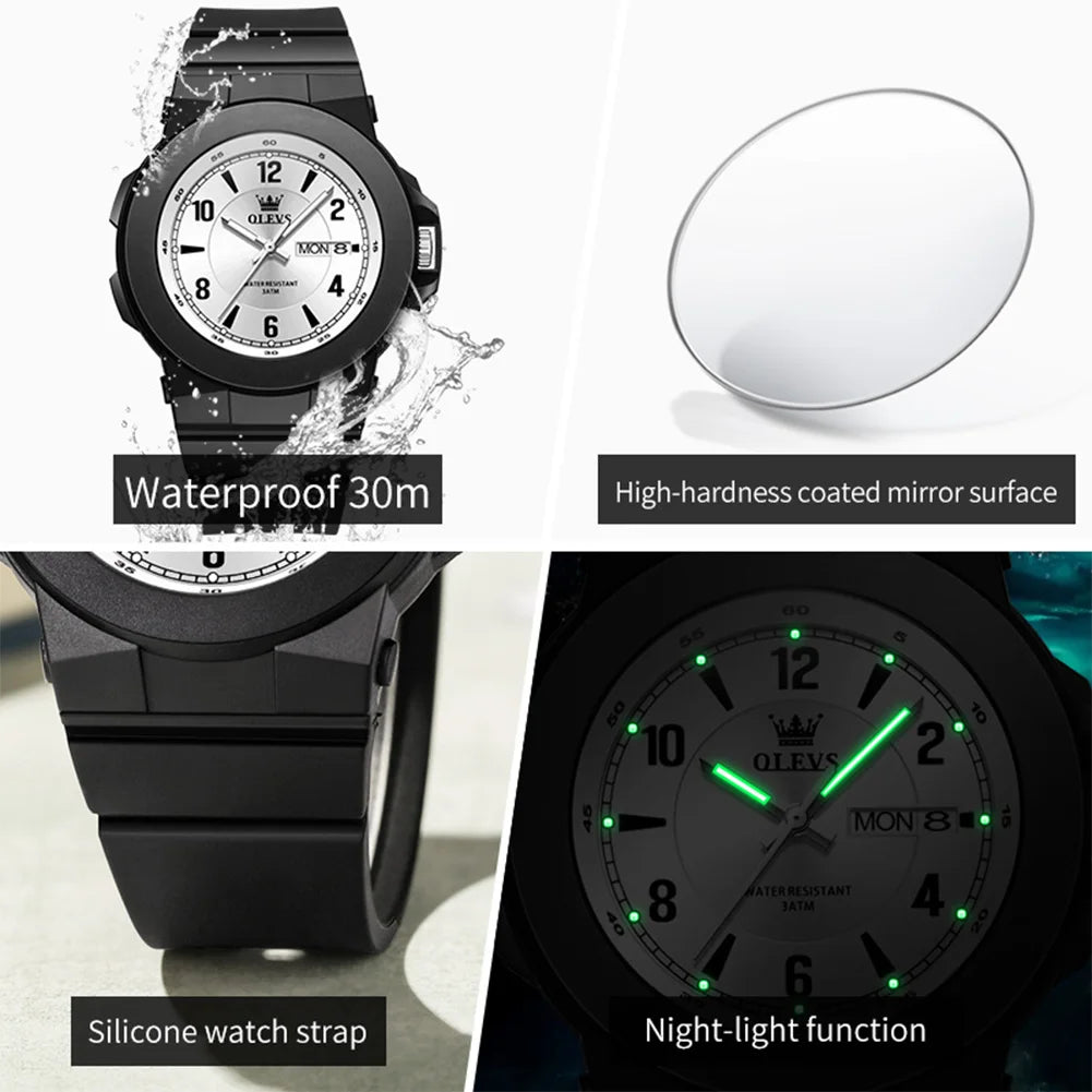 OLEVS Quartz Sports Watch - Digital Simplicity Men's Waterproof Silicone Strap Watch with High Hardness Glass