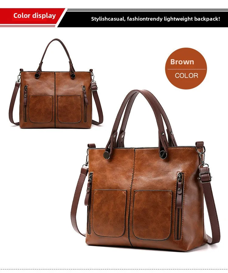 Women's Retro PU Leather Handbag Large Capacity Crossbody Tote Fashionable Shoulder Purse
