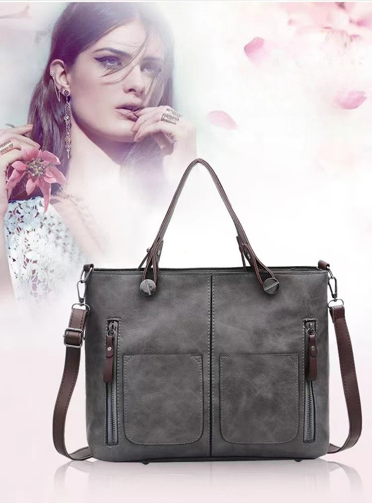 Women's Retro PU Leather Handbag Large Capacity Crossbody Tote Fashionable Shoulder Purse