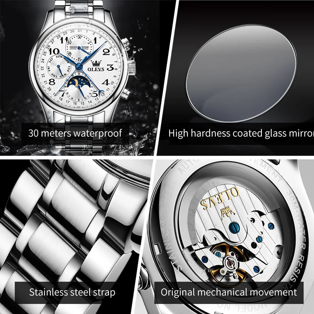 OLEVS Luxury Men Mechanical Watch - Original Digital Moon Phase Waterproof Chronograph Sports Watch