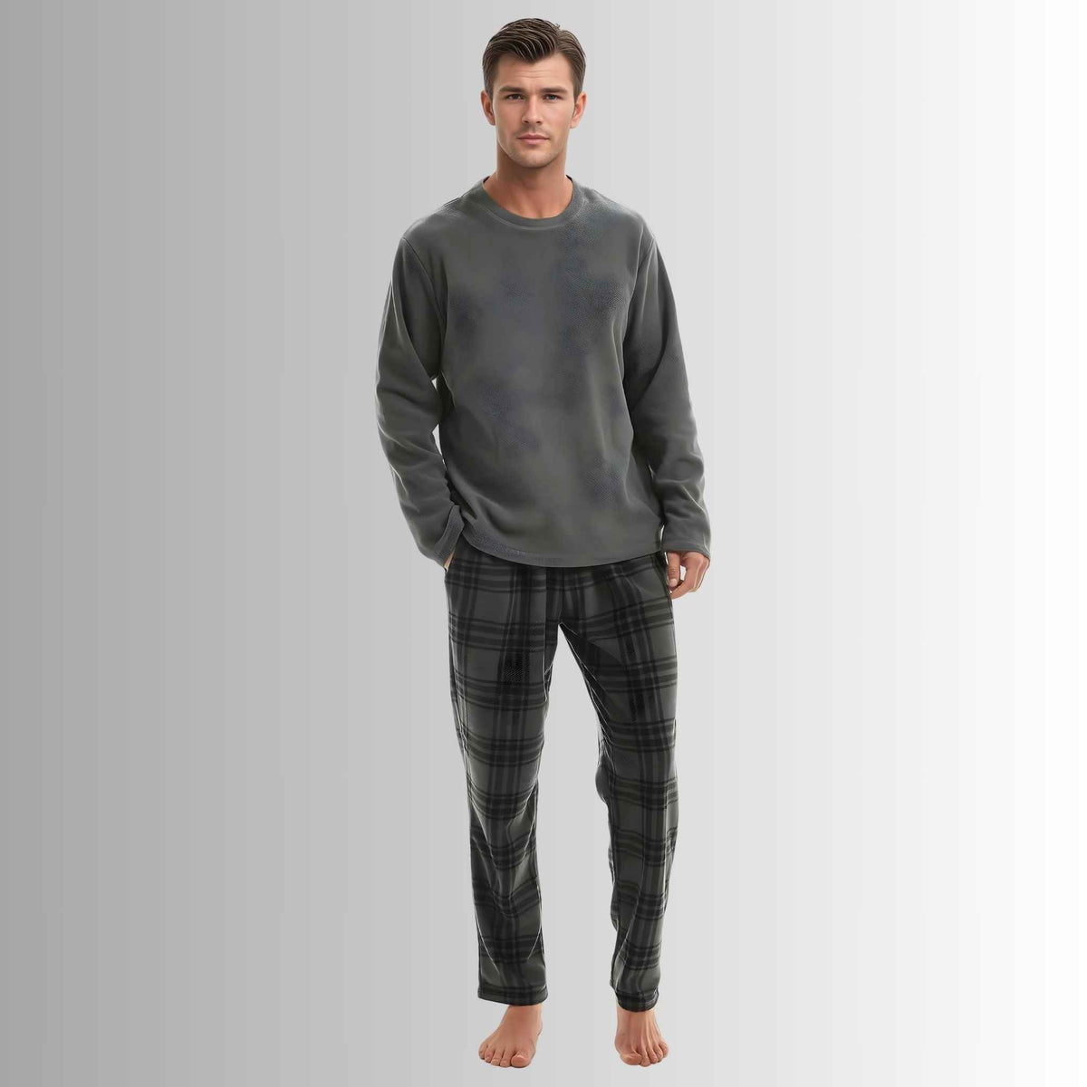 Fluffy Men's Fleece Pajama Set, Thermal Pyjamas in Grey Check.