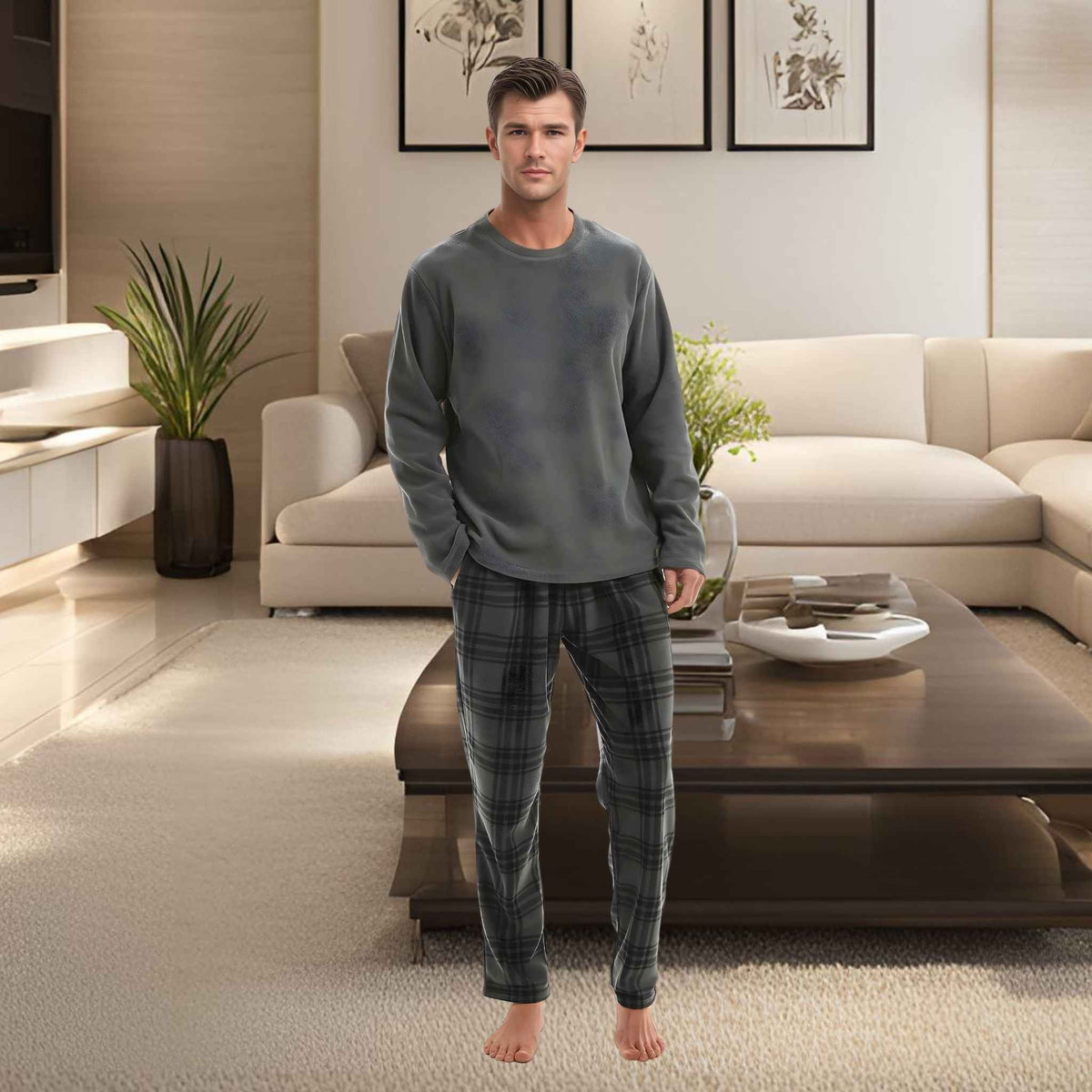 Fluffy Men's Fleece Pajama Set, Thermal Pyjamas in Grey Check.