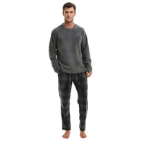 Fluffy Men's Fleece Pajama Set, Thermal Pyjamas in Grey Check.