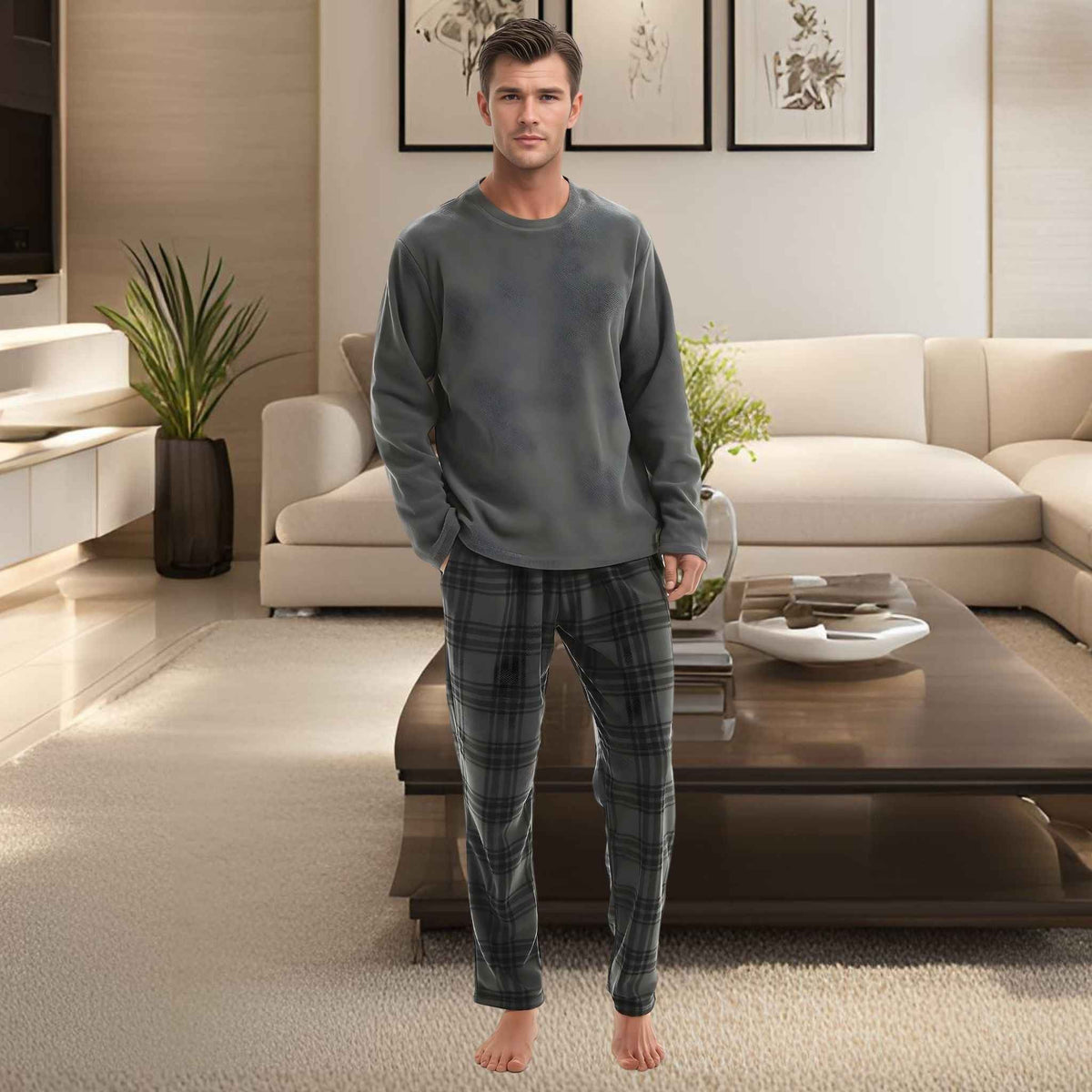 Fluffy Men's Fleece Pajama Set, Thermal Pyjamas in Grey Check.