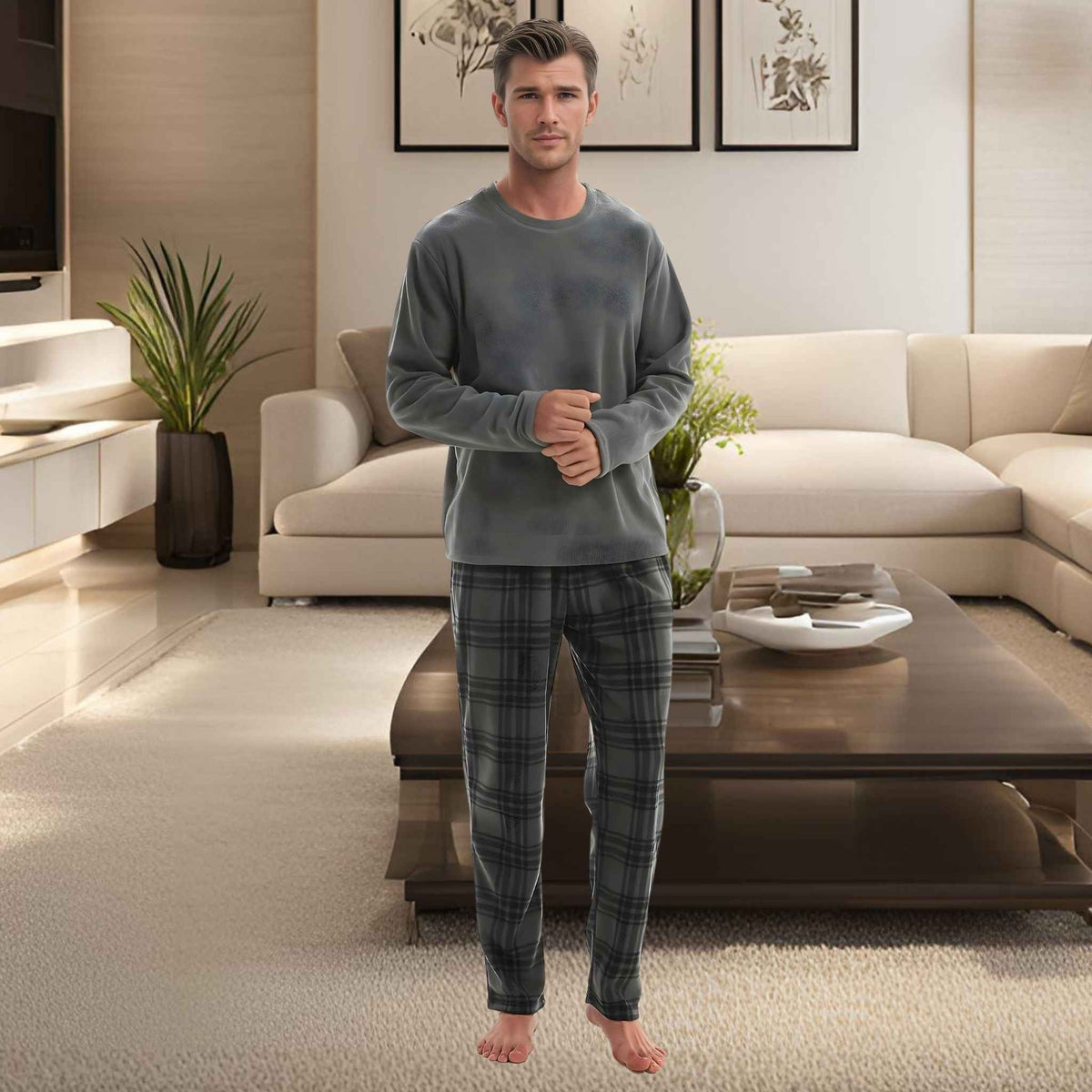 Fluffy Men's Fleece Pajama Set, Thermal Pyjamas in Grey Check.