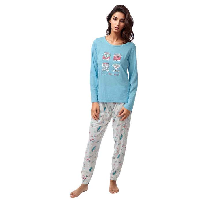 Women's Pyjamas Long Sleeved Loungewear Nightwear in blue and coral - SaneShoppe