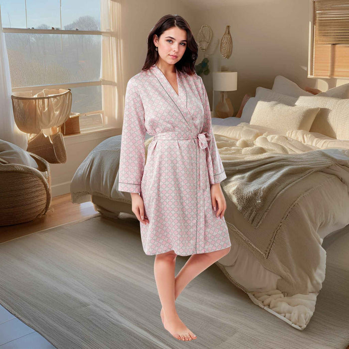 Women's Dressing Gown, Satin Kimono Bathrobe Nightwear Aqua and Coral