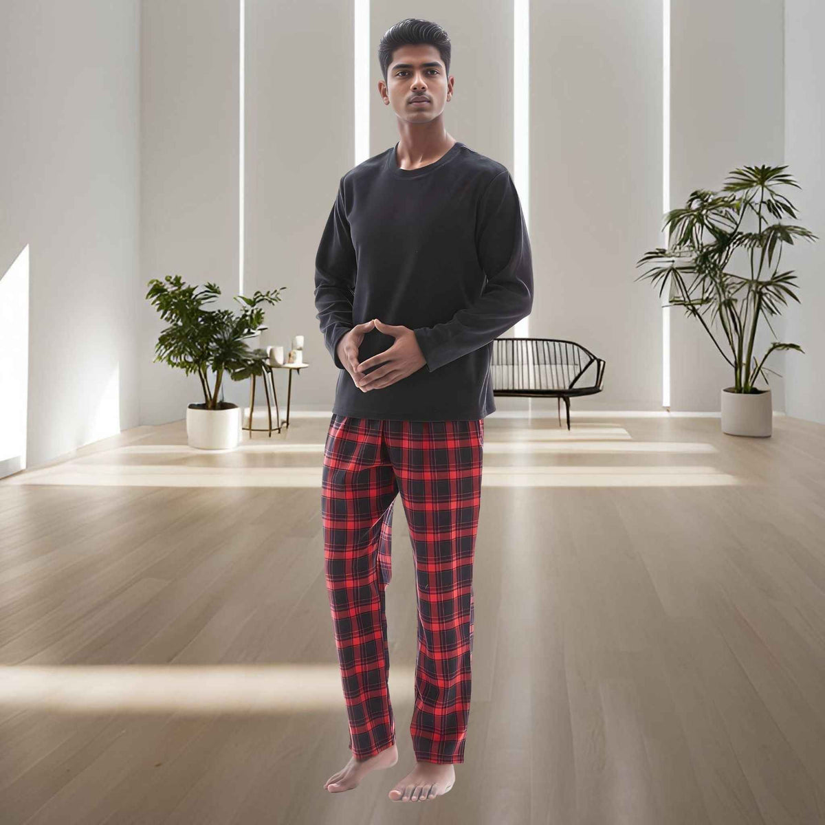 Men's Thermal Fleece Lounge Set with Cozy Check Cotton Pants