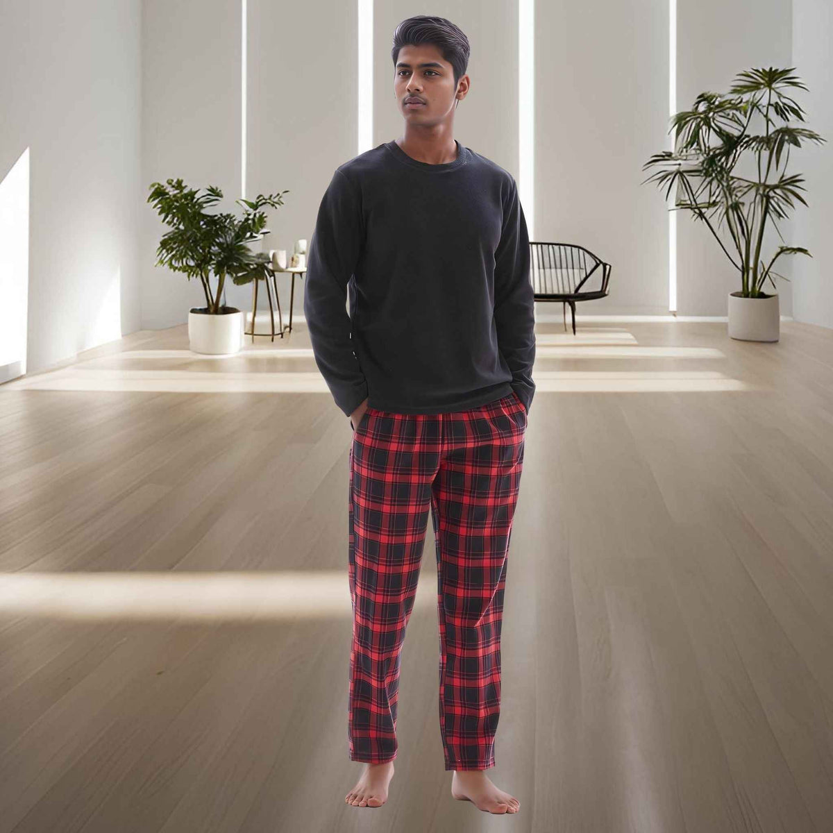 Men's Thermal Fleece Lounge Set with Cozy Check Cotton Pants