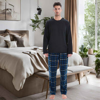 Luxury Design Mens Navy Check Fleece PJs - Warm Winter Pyjama Set