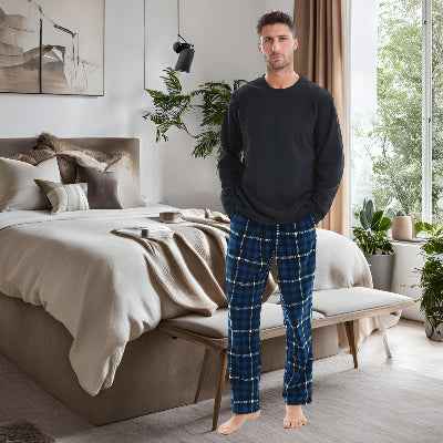 Luxury Design Mens Navy Check Fleece PJs - Warm Winter Pyjama Set