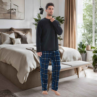 Luxury Design Mens Navy Check Fleece PJs - Warm Winter Pyjama Set