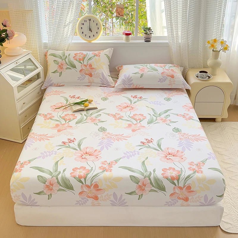 SaneShoppe - 100% Cotton Fitted Sheet Floral Style Bedsheet Elastic Bed Linen Skin - friendly Bed Cover drap de lit Home Sheets (No Pillowcase)