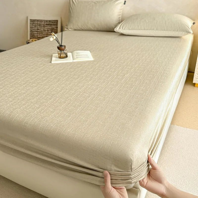 SaneShoppe-Soft 100% Cotton Jacquard Fitted Sheet Set with Elastic All Around Mattress Protector