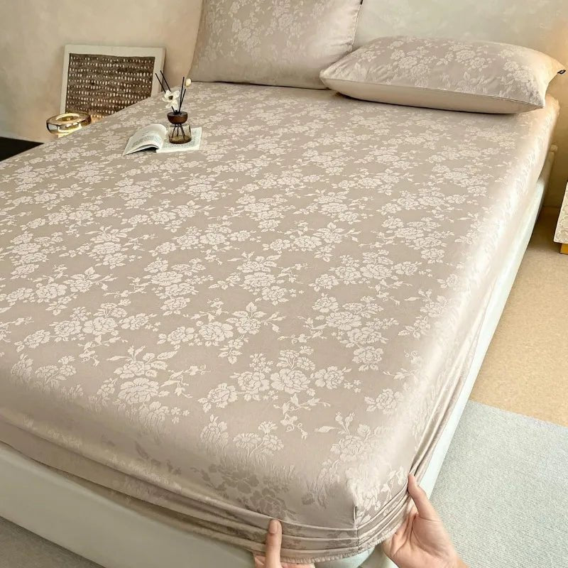 SaneShoppe-Soft 100% Cotton Jacquard Fitted Sheet Set with Elastic All Around Mattress Protector