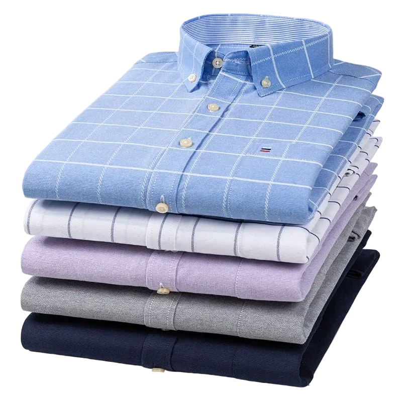 SaneShoppe - 100% Cotton Oxford Men's Shirts Long Sleeves Plaid Soft Regular Fit Formal Dress Shirt Pocket Social Blouse Male Clothes S - 7XL
