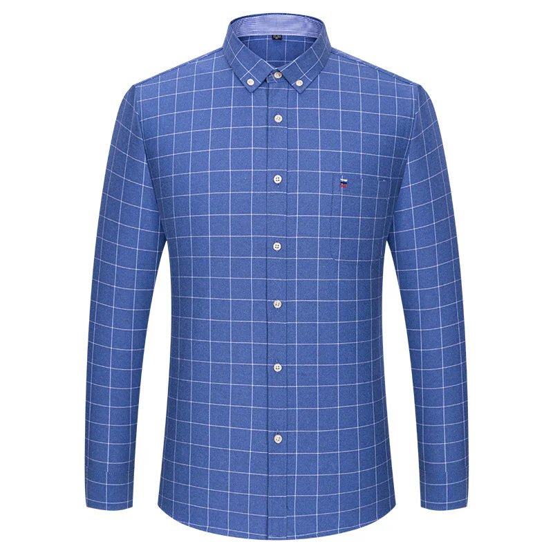 SaneShoppe - 100% Cotton Oxford Men's Shirts Long Sleeves Plaid Soft Regular Fit Formal Dress Shirt Pocket Social Blouse Male Clothes S - 7XL
