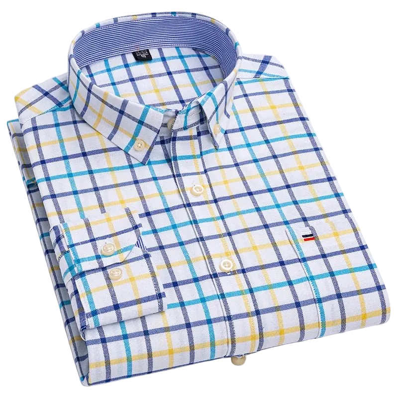 SaneShoppe - 100% Cotton Oxford Men's Shirts Long Sleeves Plaid Soft Regular Fit Formal Dress Shirt Pocket Social Blouse Male Clothes S - 7XL