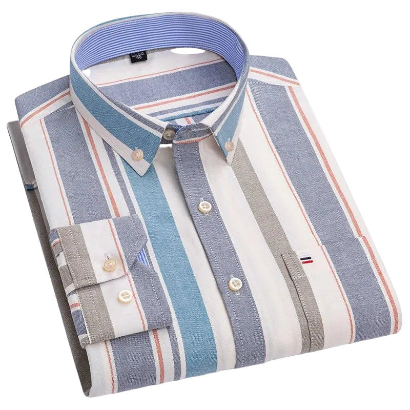 SaneShoppe - 100% Cotton Oxford Men's Shirts Long Sleeves Plaid Soft Regular Fit Formal Dress Shirt Pocket Social Blouse Male Clothes S - 7XL