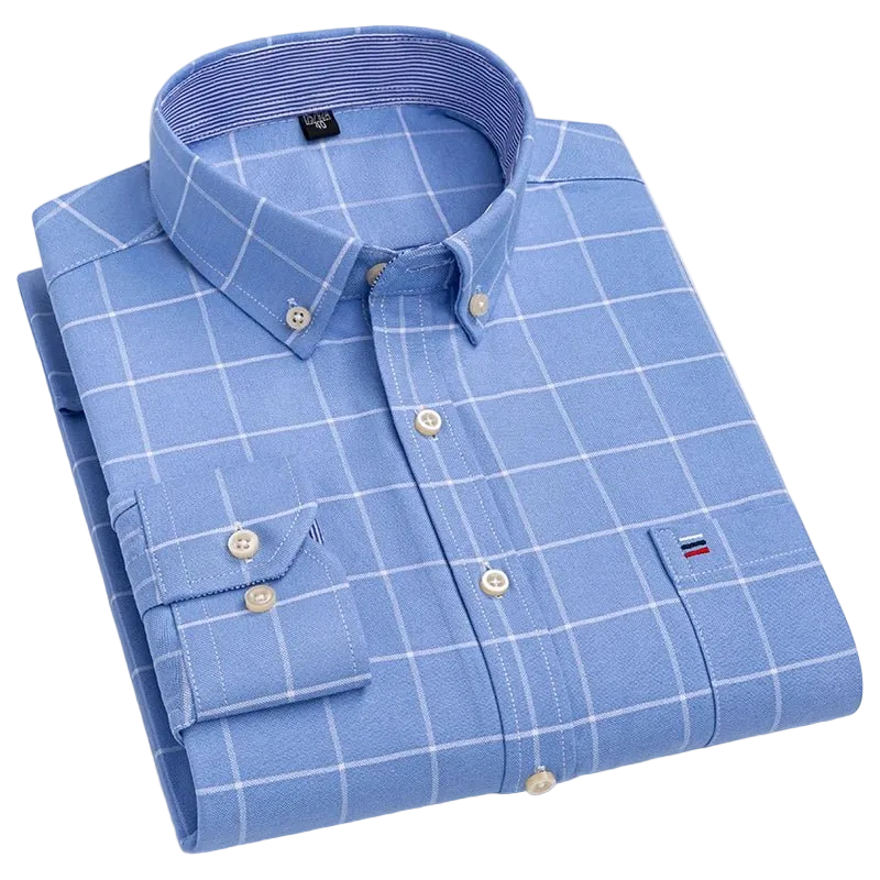 SaneShoppe - 100% Cotton Oxford Men's Shirts Long Sleeves Plaid Soft Regular Fit Formal Dress Shirt Pocket Social Blouse Male Clothes S - 7XL