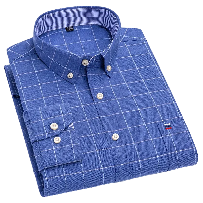 SaneShoppe - 100% Cotton Oxford Men's Shirts Long Sleeves Plaid Soft Regular Fit Formal Dress Shirt Pocket Social Blouse Male Clothes S - 7XL