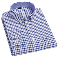 SaneShoppe - 100% Cotton Oxford Men's Shirts Long Sleeves Plaid Soft Regular Fit Formal Dress Shirt Pocket Social Blouse Male Clothes S - 7XL