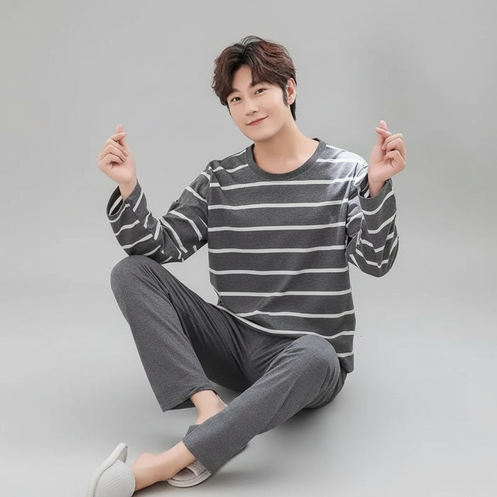 SaneShoppe - 2 Sets of Men Pajamas Set of Long - Sleeved Long Trousers Students Sleepwear Homewear Cartoon O - Neck Striped Nightwear Loungewear