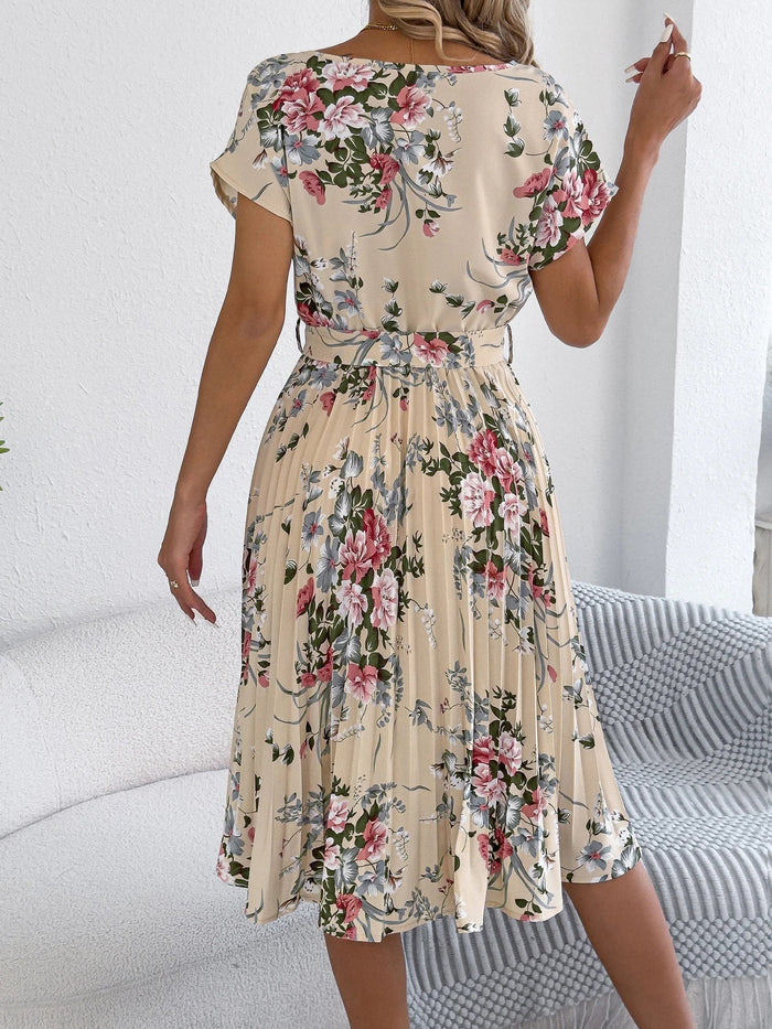 SaneShoppe - 2025 Retro Floral Pattern Printed Dress Woman Elegant Spring Summer Round Neck Lace Up Short Sleeve Dress