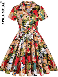 SaneShoppe - 2025 Summer Cotton Vintage Midi Party Dress Short Sleeve 4XL Robe Femme Swing 1950s Retro Floral Print Green Rockabilly Dresses