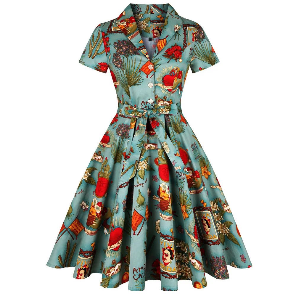 SaneShoppe - 2025 Summer Cotton Vintage Midi Party Dress Short Sleeve 4XL Robe Femme Swing 1950s Retro Floral Print Green Rockabilly Dresses