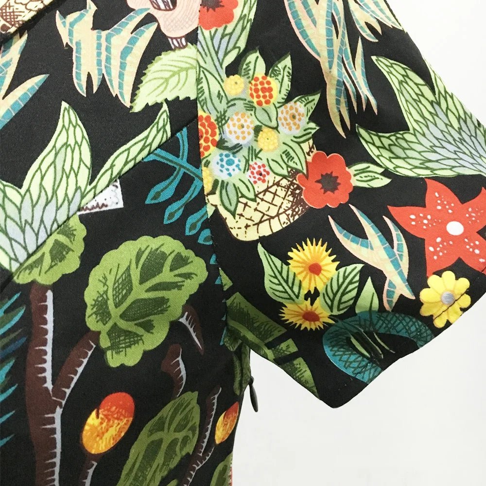 SaneShoppe - 2025 Summer Cotton Vintage Midi Party Dress Short Sleeve 4XL Robe Femme Swing 1950s Retro Floral Print Green Rockabilly Dresses