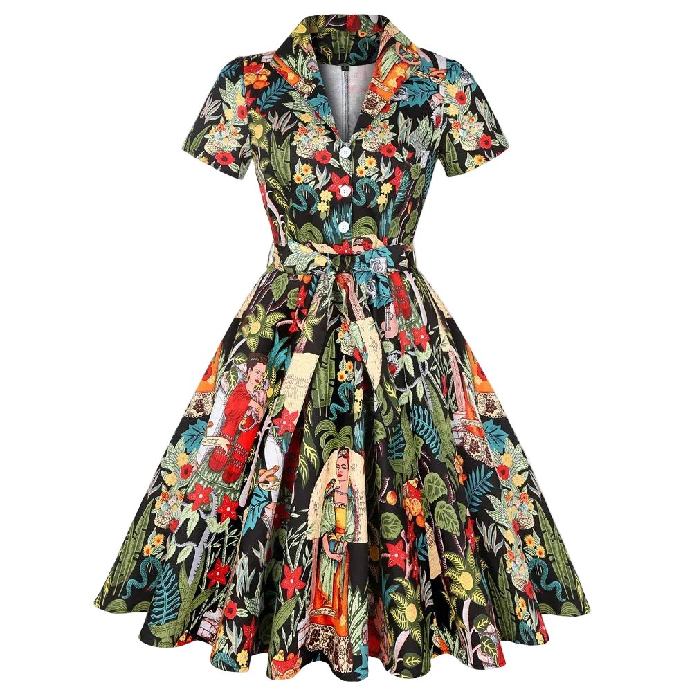 SaneShoppe - 2025 Summer Cotton Vintage Midi Party Dress Short Sleeve 4XL Robe Femme Swing 1950s Retro Floral Print Green Rockabilly Dresses