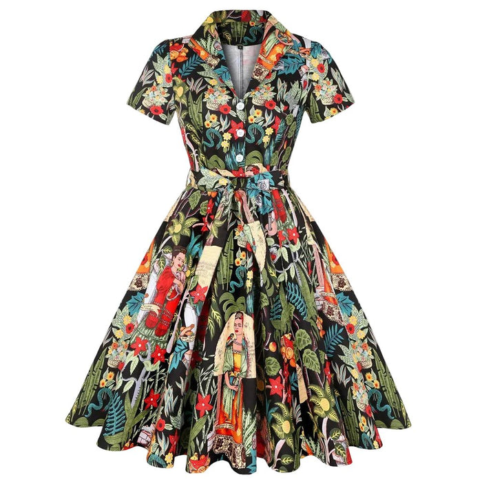 SaneShoppe - 2025 Summer Cotton Vintage Midi Party Dress Short Sleeve 4XL Robe Femme Swing 1950s Retro Floral Print Green Rockabilly Dresses