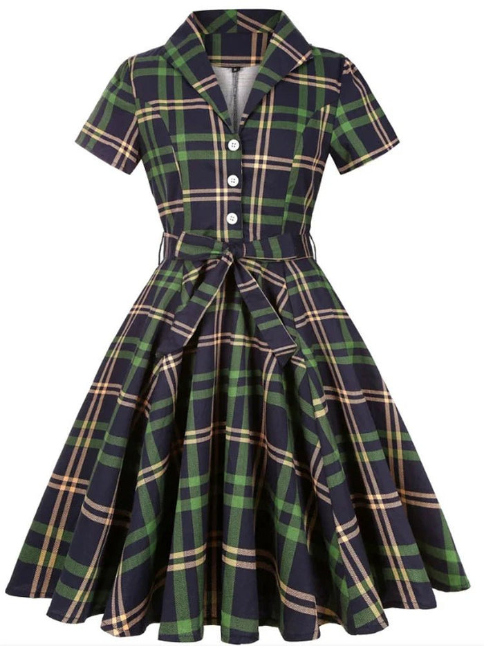 SaneShoppe - 2025 Summer Cotton Vintage Midi Party Dress Short Sleeve 4XL Robe Femme Swing 1950s Retro Floral Print Green Rockabilly Dresses