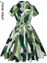 SaneShoppe - 2025 Summer Cotton Vintage Midi Party Dress Short Sleeve 4XL Robe Femme Swing 1950s Retro Floral Print Green Rockabilly Dresses
