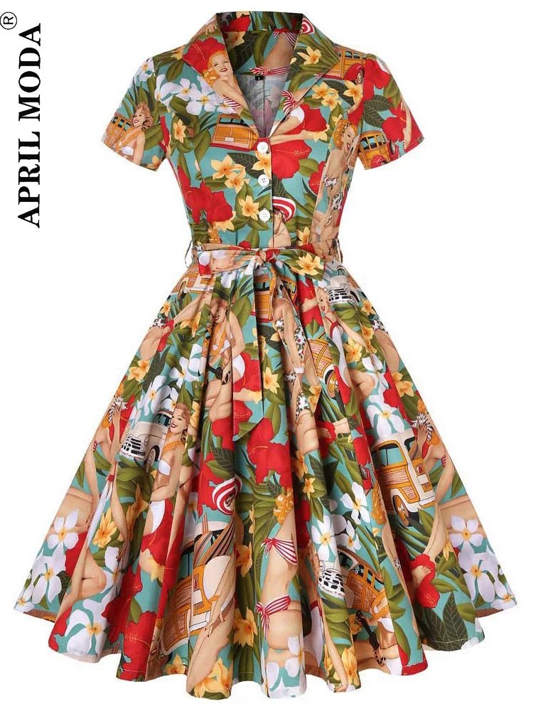 SaneShoppe - 2025 Summer Cotton Vintage Midi Party Dress Short Sleeve 4XL Robe Femme Swing 1950s Retro Floral Print Green Rockabilly Dresses