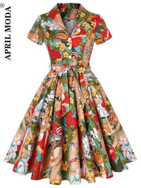 SaneShoppe - 2025 Summer Cotton Vintage Midi Party Dress Short Sleeve 4XL Robe Femme Swing 1950s Retro Floral Print Green Rockabilly Dresses
