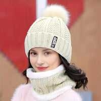 SaneShoppe - 2PCS winter warm knit hat set Winter hat thick plush windproof cold casual warm hat scarf