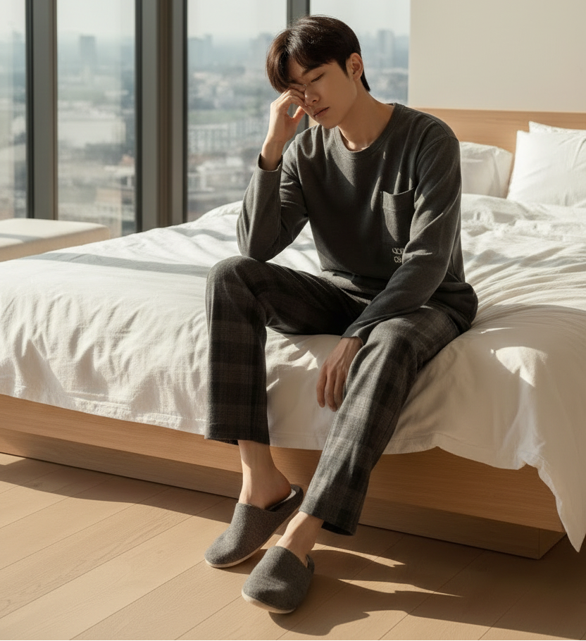 SaneShoppe-Men's Korean Style Plaid Pajama Set with Long-Sleeved Top and Pants