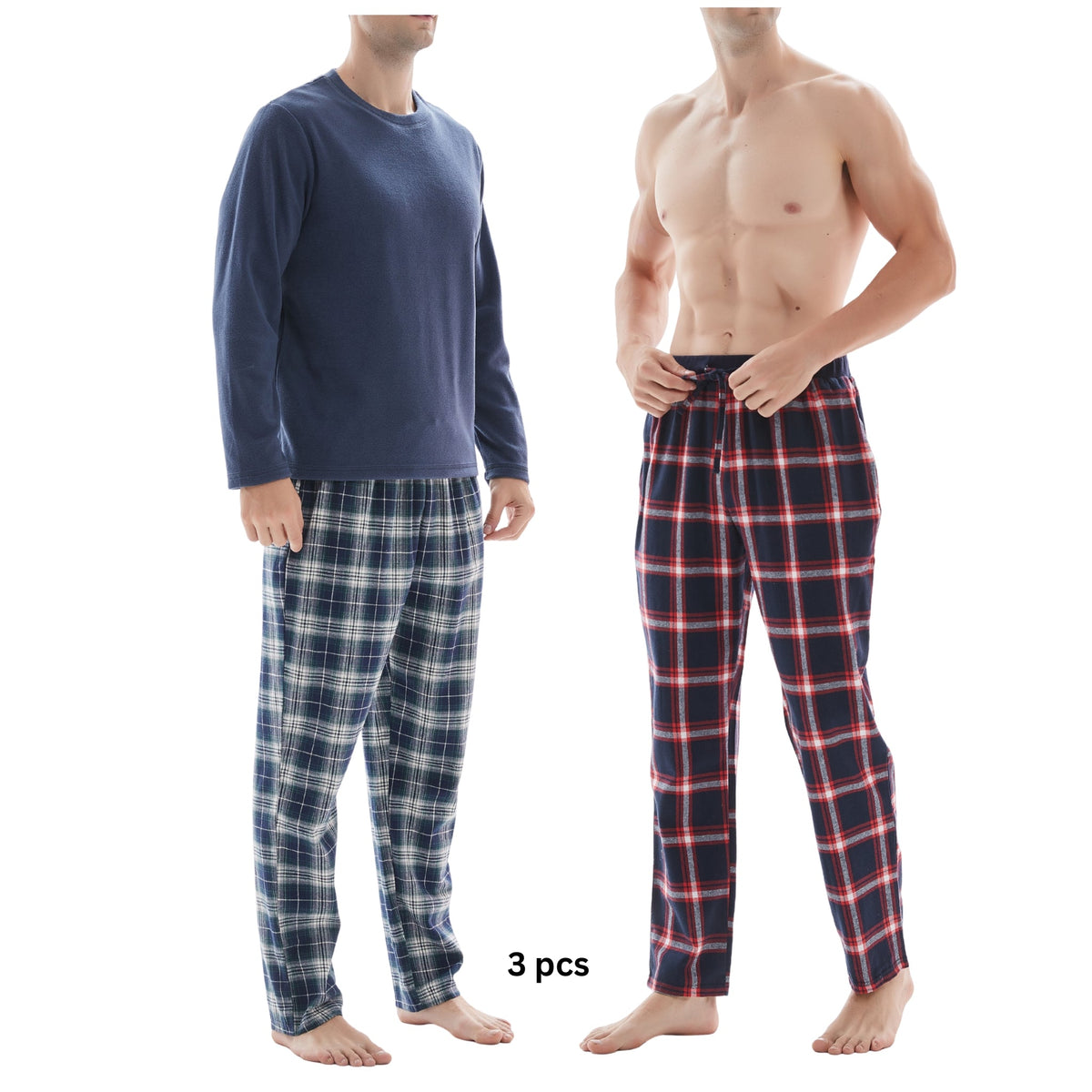 SaneShoppe-3-Piece Men's Pyjama Long-Sleeve Polyester Top and Check Cotton Pants.