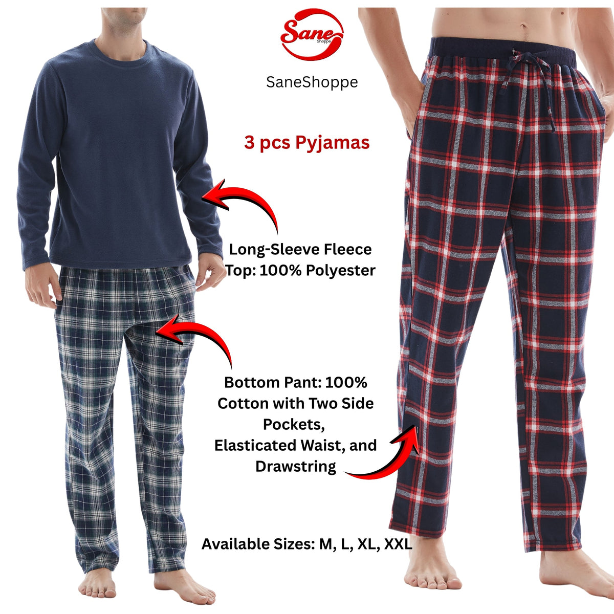 SaneShoppe-3-Piece Men's Pyjama Long-Sleeve Polyester Top and Check Cotton Pants.